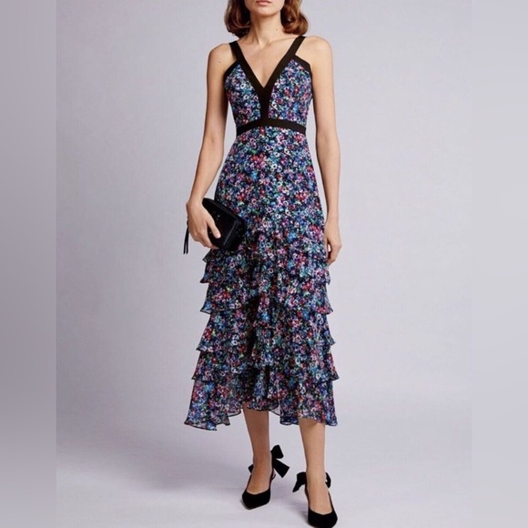 SALONI Jewel Rosette Lana Black Floral Midi Silk Ruffle Dress ~ Size 0 - Picture 3 of 5